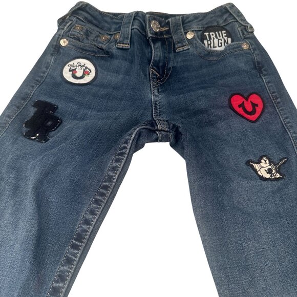 True Religion TR Patches Denim Jeans Mid Rise Zip Super Skinny Y2K Stretch - Picture 2 of 15